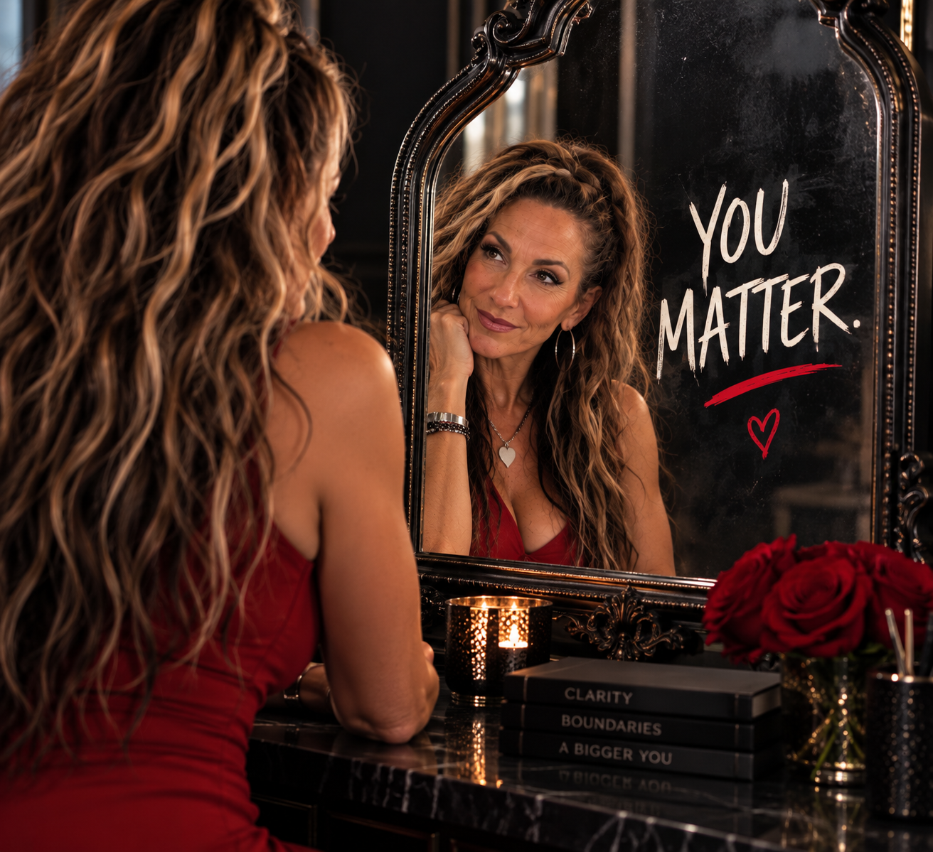 Karen looking into a mirror with the words You Matter